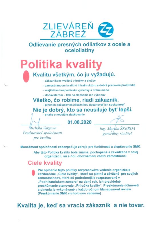 Politika Kvality Zlievaren Zabrez